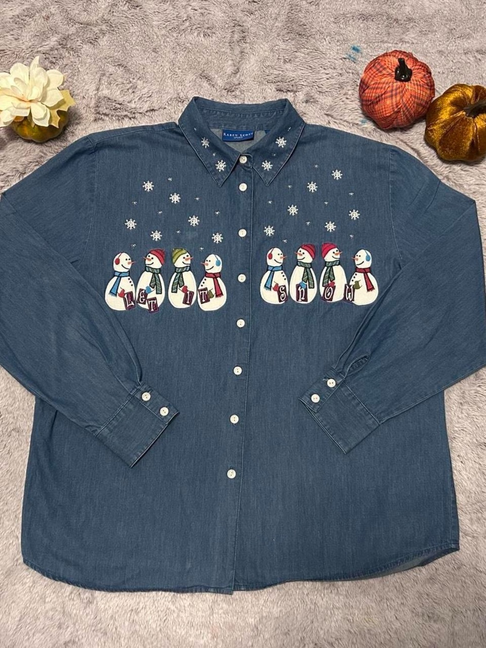 Karen Scott Blue Denim Snowman Embroidered Button-Down Shirt